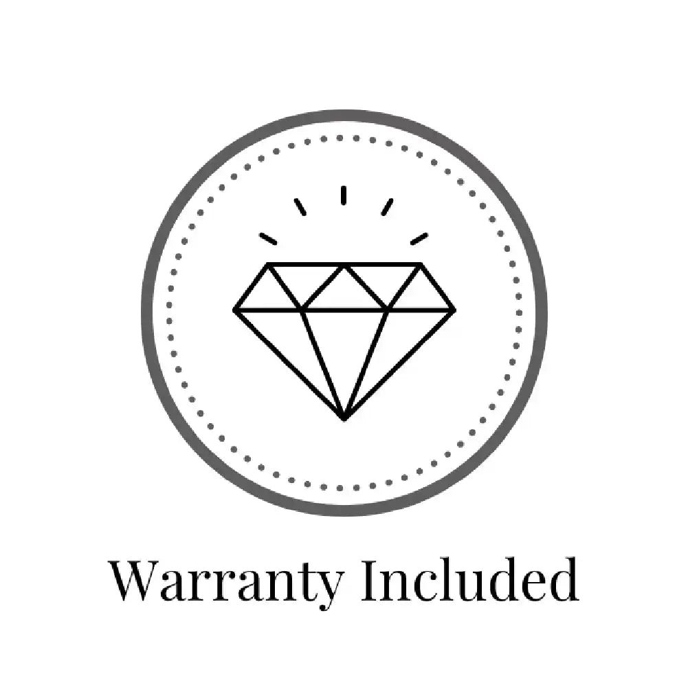 Simple diamond icon inside a circular frame with dotted border and text reading ’Warranty Included’ below.
