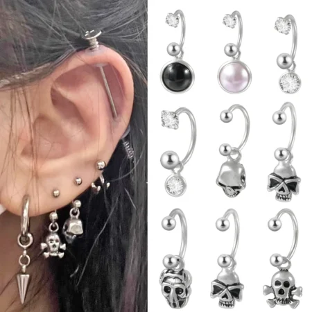 1PC Surgical Steel Punk Skull Dangle Horseshoe Barbell Cz Dangle Pendant Ear Tragus Cartilalge Lobe Piercing Jewelry Earrings