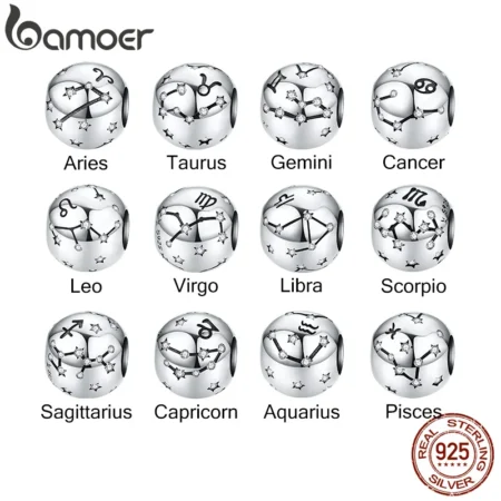 BAMOER 12 Constellation Zodiac Round Metal Beads for Women Bracelet Shining CZ Charm fit Original Silver 925 Bangle SCC1218