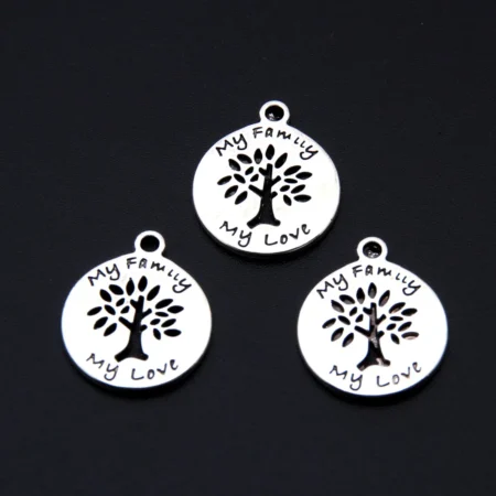 30pcs Silver Color Tree My Family My Love Words Charms Round Tree Pendant Jewelry Making DIY Handmade Craft Accessories A3379