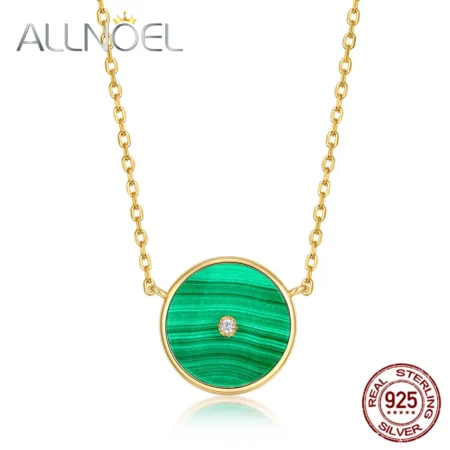 ALLNOEL Natural Round Malachite Pendant 925 Sterling Silver Necklace For Women 5A White Zircon Gold Plated Vintage Fine Jewelry