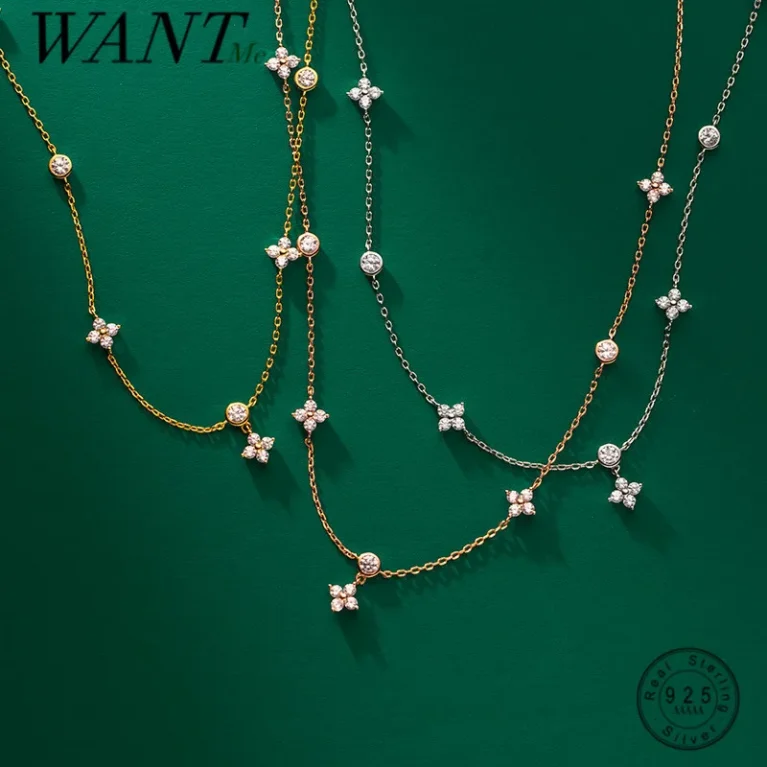 WANTME 925 Sterling Silver Charming Four Leaf Flower Vintage Pendant Chain Necklace for Women Bohemian Zircon 2021 Fine Jewelry
