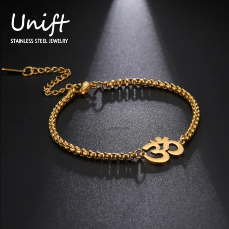 Unift Buddha Hindu Yoga Om Aum Bracelet Stainless Steel Box Chain Bracelet Women Men Hinduism Amulet Vintage Jewelry Gift