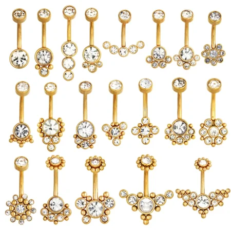 Zircon Golden Belly Button Rings Stainless Steel Piercing 14G 10mm Rod Gold Color Navel Bar Body Jewelry Women Beach Accessories