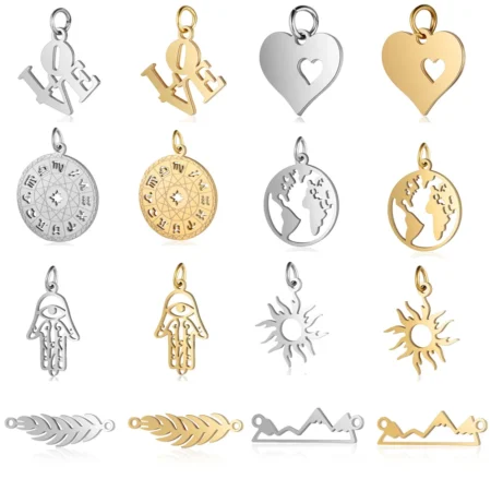 5pcs/lot 12 Zodiac Horoscope DIY Charms Wholesale Stainless Steel World Map Leaf Pendant Palm Sun Hamsa Hand Connectors Charm
