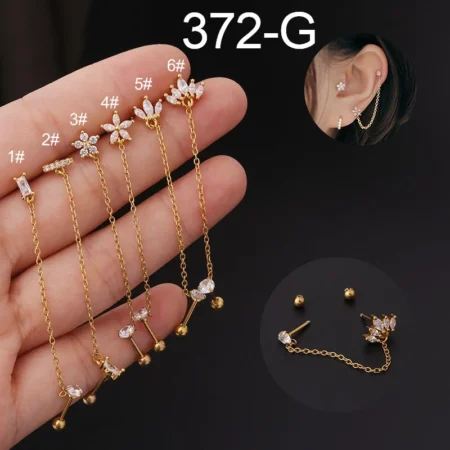 1Piece 0.8mm Stainless Steel Flower Crown Double Hole Chains Cartilage Srecw Back Stud Earring Ear Helix Piercing Jewelry