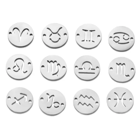 12Pcs Mixed Zodiac Charms 12mm Mirror Polish Zodiac Signs with Two Holes Stainless Steel Twelve Constellation Charm Jewelry