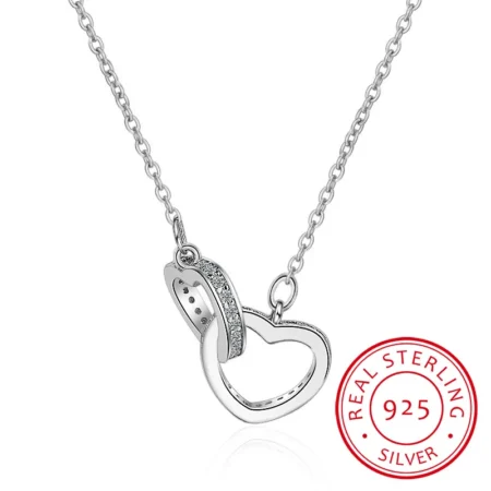 Fashion 925 Sterling Silver Necklace Pendant Rose Gold Double Heart Crystal Pendant For Women Korean Jewelry With Chain Gift
