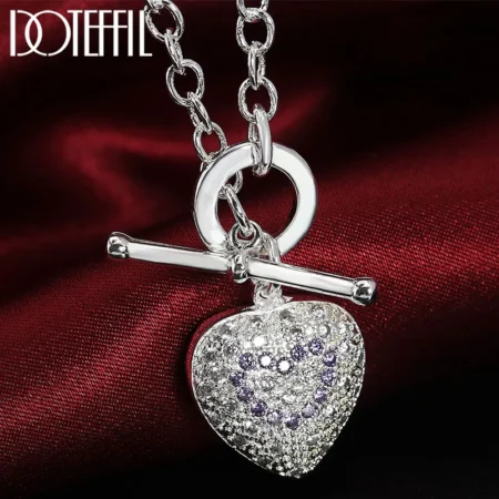 DOTEFFIL 925 Sterling Silver 18 Inch Purple AAA Zircon TO Chain Heart Pendant Necklace For Women Fashion Wedding Charm Jewelry