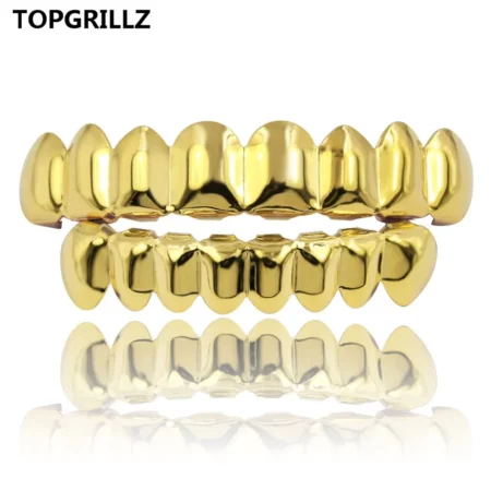 TOPGRILLZ 8/8 Hip Hop Teeth Grillz Set Gold Silver Color Top & Bottom Body Jewelry Punk Cosplay Party Tooth Grills Gifts