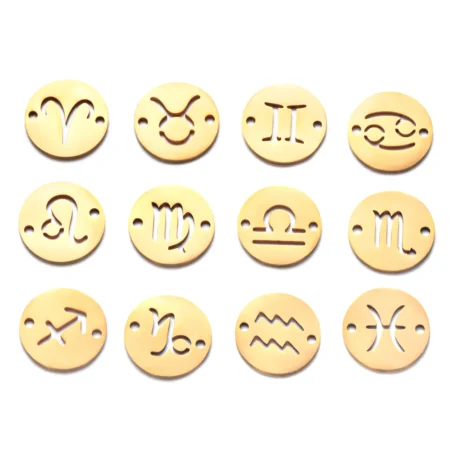 12pcs/Lot Whole Twelve Zodiac DIY Constellation Connectors Charms Stainless Steel Double Holes Accessories God Color