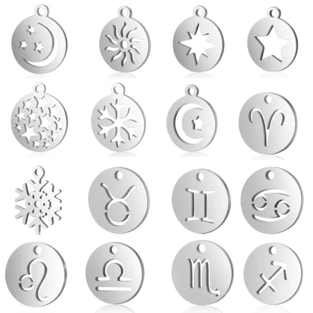 10pcs/lot Sun Star DIY Charms Wholesale 316 Stainless Steel Snowflake Moon Pendant 12 Constellation Zodiac Sign Jewelry Charm
