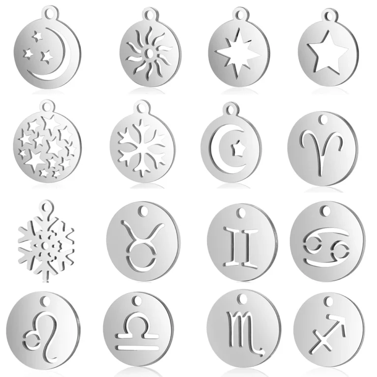 10pcs/lot Sun Star DIY Charms Wholesale 316 Stainless Steel Snowflake Moon Pendant 12 Constellation Zodiac Sign Jewelry Charm