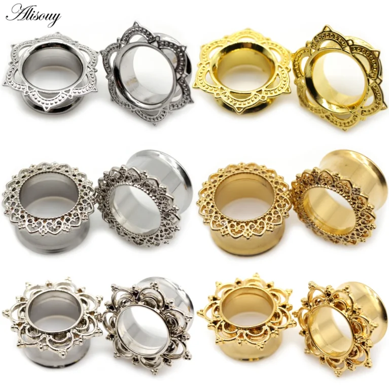 Alisouy 2pcs Copper Brass Stainless Steel Flower Ear Plugs Tunnel Expanders Stretcher Gauges Flesh Piercing Earring Body Jewelry