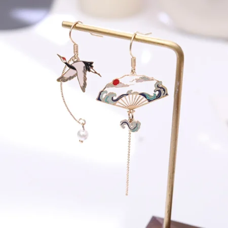 Chinese Style Folding Fan Modeling Crane Cloud Hanging Dangle Earrings for Women Hollow Asymmetric Drop Earring National Jewelry