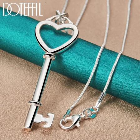 DOTEFFIL 925 Sterling Silver Heart Key Pendant Necklace 16-30 inch Snake Chain For Woman Fashion Engagement Charm Jewelry