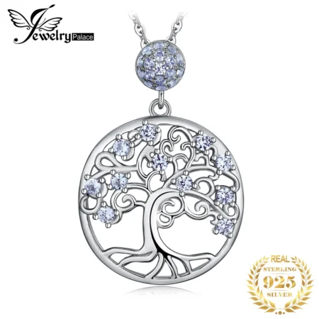 JewelryPalace Life Tree Created Blue Spinel 925 Sterling Silver Pendant Necklace Fashion Statement Gemstone Choker Without Chain