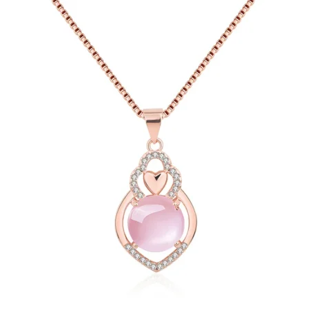 Trendy 925 Silver Jewelry Necklace Heart Shape Rose Quartz Zircon Gemstone Pendant for Women Wedding Promise Party Accessories