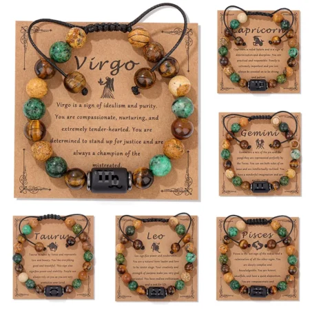12 Zodiac Signs Natural Stone Bracelet Taurus Cancer Virgo Pisces Bracelets for Women Men Constellation Jewelry Friendship Gift