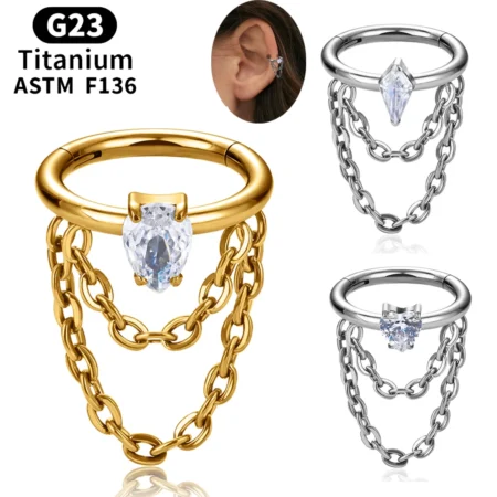 G23 Titanium 16G Chained Hinged Segment Cartilage Helix Daith Conch Hoop Ring Piercing 16G Septem Clicker Earrings Body Jewelry