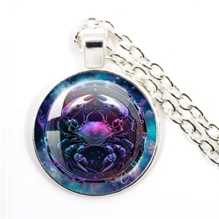 12 Constellations Necklace Cancer Leo Virgo Libra Zodiac Sign Glass Cabochon Pendant Long Necklace BoyGirl Birthday Jewelry Gift