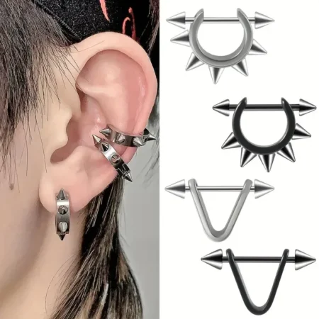 1pc Stainless Steel Cone Silver/Black Color Ear Cartilage Spike Hoop Earring, Tragus Helix Daith Piercing Jewelry For Men