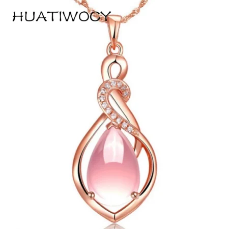 Trendy Pendant Necklace 925 Silver Jewelry with Rose Quartz Zircon Gemstone Water Drop Shape Ornaments for Women Wedding Party