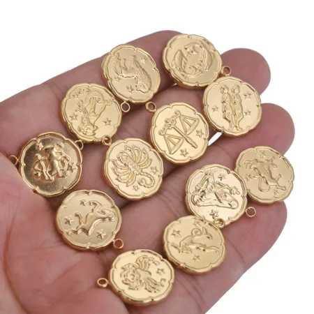5pcs Stainless Steel Gold Plated 12 Zodiac Signs Constellations Charms Pendant for Necklace Jewelry Making Metal Material Craft