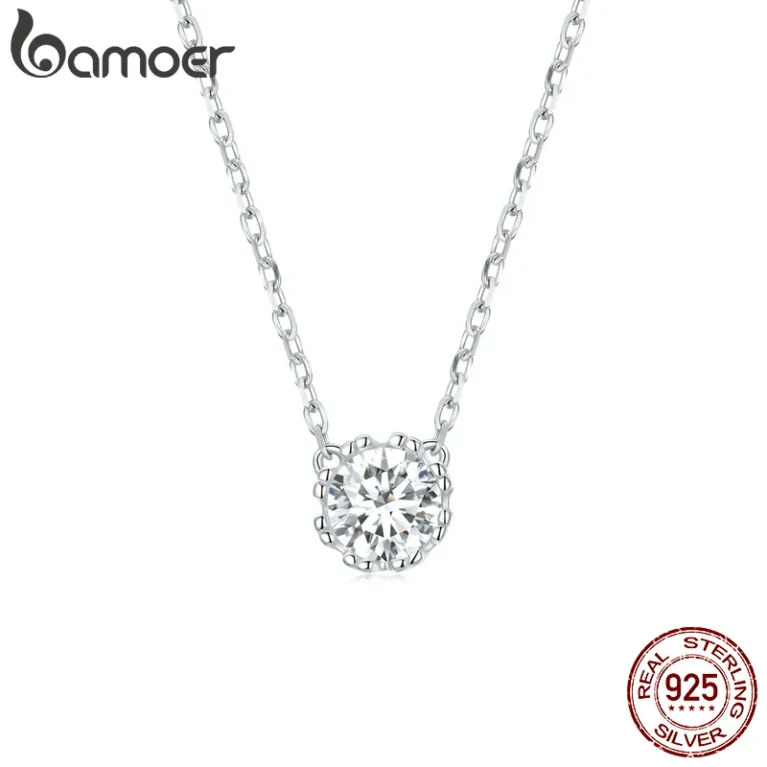 BAMOER Gorgeous Shiny Choker Necklace 925 Sterling Silver Geometric Cut Sparkling Zircon Pendant Necklace Wedding Jewelry 17.7″