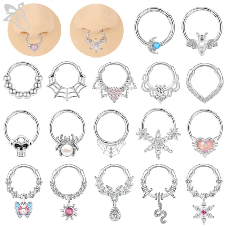 ZS 1 Piece Cute 16G Stainless Steel Septum Ring Spider Web Heart Nostril Piercing CZ Crystal Ear Helix Cartilage Earring Jewelry