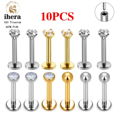 10PCS G23 Titanium Lip Ring Labret Piercing Stud Earring CZ 16/18/20G Push Pin Ear Tragus Cartilage Helix Conch Pierc Jewelry