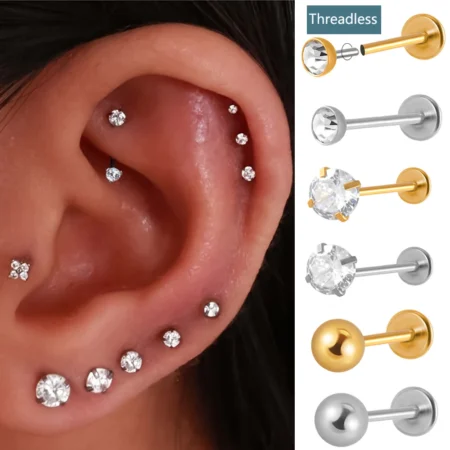 1PC Surgical Steel Threadless Push in Ear Cartilage Tragus Helix Earring Piercing Cz Labret Stud Lip Ring Easy to wear Jewelry