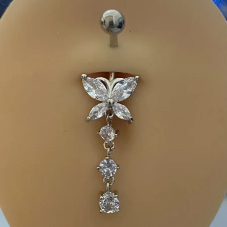 1PC Women Fashion Stainless Steel Piercing Crystal Butterfly Heart Belly Navel Ring Dangle Personality Body Jewelry Accessories