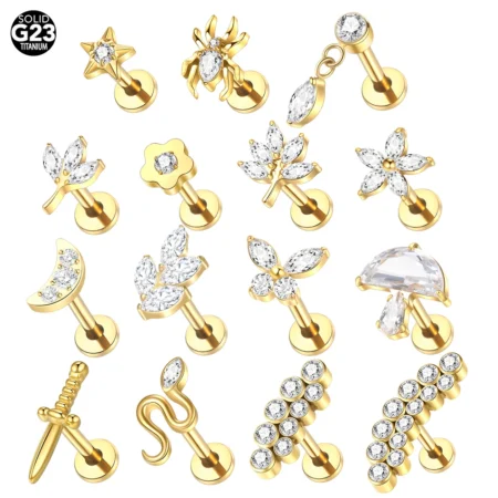 1PC Titanium Zircon Labret Piercings Lip Rings Gold Color CZ Cartilage Helix Lobe Conch Earring Stud Piercings Women Jewelry 16G