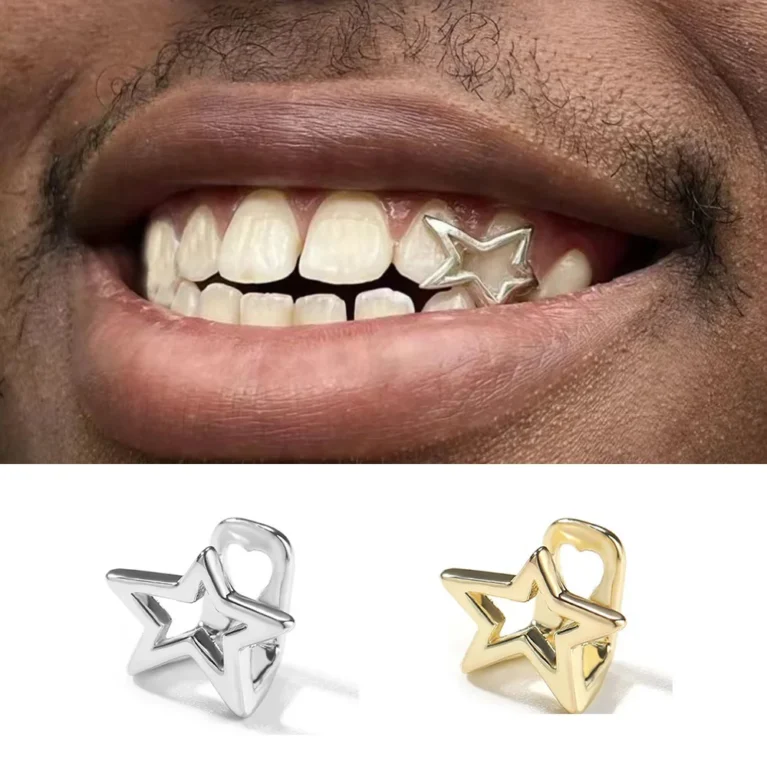 RACHELZ Irregular Hollow Pentagram Star Teeth Grillz Hip Hop Gold Silver Color Tooth Caps For Women Men Jewelry Halloween