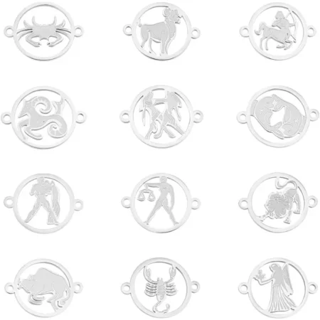 12Pcs 12 Style Constellations Charms 201 Stainless Steel Zodiac Link Connectors Constellations Pendants Jewelry Connector