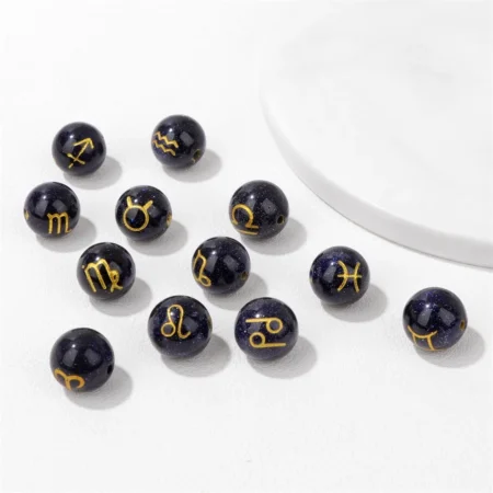 Wholesale 12 Constellation Stone Charm Bead Round Blue Sandstone Zodiac Beads For DIY Bracelet Jewelry Accessories One Set 12pcs