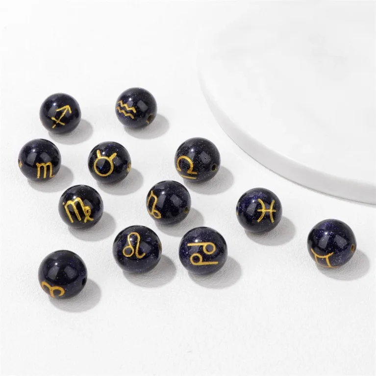 Wholesale 12 Constellation Stone Charm Bead Round Blue Sandstone Zodiac Beads For DIY Bracelet Jewelry Accessories One Set 12pcs