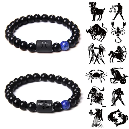 8mm Black Stones 12 Constellation Couple Bracelet Men Leo Aquarius Sagittarius Virgo Bracelets for Women Friendship Jewelry Gift