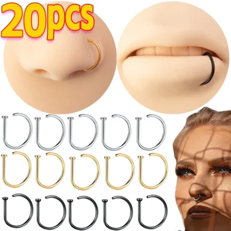 2/4/10/20pcs Gothic Surgical Steel Punk Open D Rings Nose Hoop Ring Nostril Studs Septum Ring Earring 18G 20G Body Piercing
