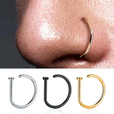 8mm Curved Barbells Fake Nose Piercing D Shaped Tragus Helix Stud Earring Hoop Septum Stainless Steel Ring Nostril Body Jewelry
