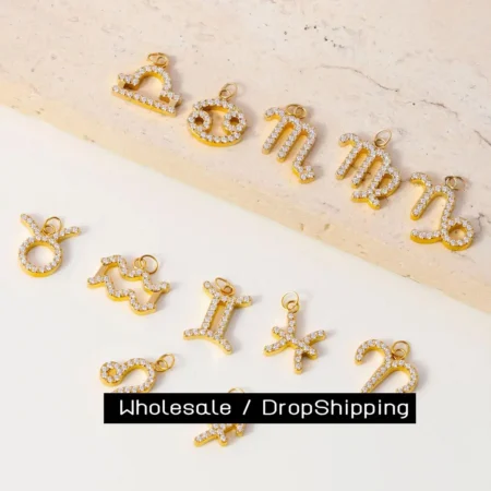 CARLIDANA Gold Plated Personalise 12 Zodiac Zircon Pendants Charms High Polished Stainless Steel Zodiac Pendant Set DIY Jewelry