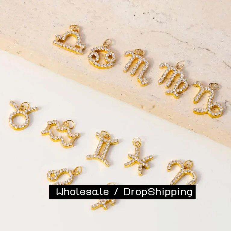 CARLIDANA Gold Plated Personalise 12 Zodiac Zircon Pendants Charms High Polished Stainless Steel Zodiac Pendant Set DIY Jewelry