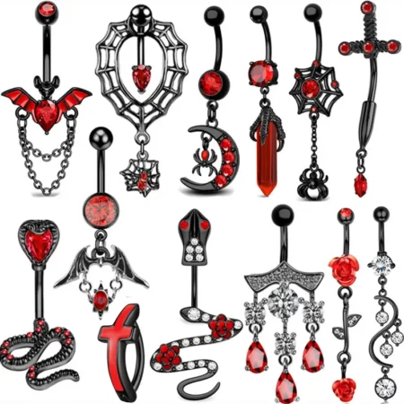 1PC Red Black Bat Belly Button Ring Surgical Steel Cross Navel Piercing Dangle Snake Belly Button Jewelry Women Piercing Ombligo