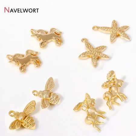 2Pcs 14K Gold Plated Bee/Starfish/Unicorn/Leopard/Elk Charms,Brass Metal Animal Charms Pendant For DIY Earring Making Findings