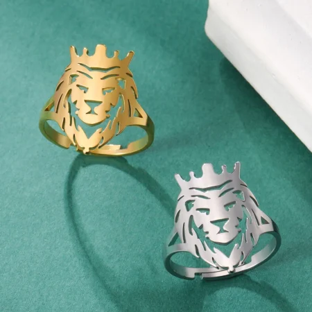 Dawapara Lion with King Crown Stainless Steel Adjustable Ring King of The Jungle Symbol of Strength Wisdom Classic Jewelry