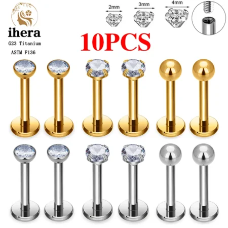10PCS G23 Titanium Labret Piercing Lip Ring 16G F136 Internal Thread Nose Stud Earring Tragus Helix Cartilage Piercing Jewelry