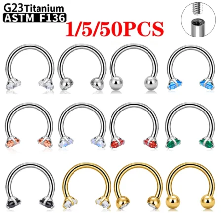 1/5/50Pcs G23 Titanium ASTM-F136 Piercings Nose Ring Internal Thread C Rod Zircon Wholesale Body Jewelry For Women