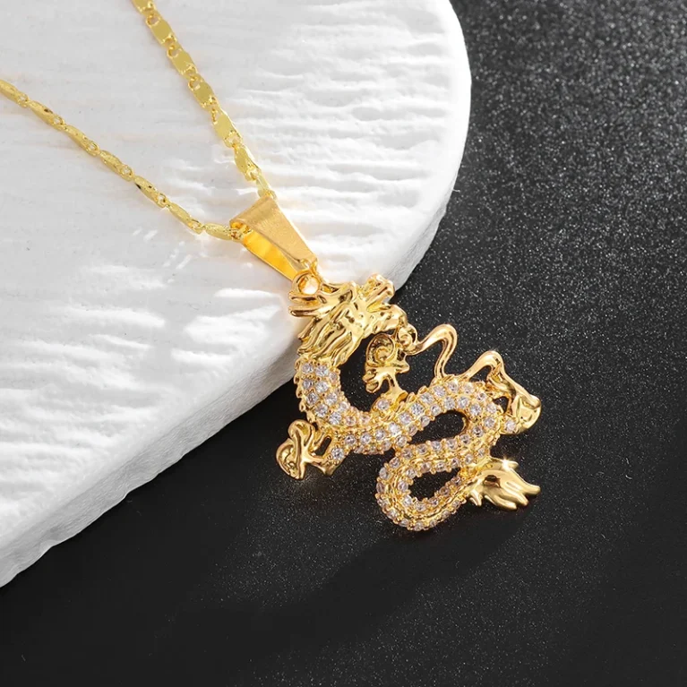 Exquisite Zircon Chinese Style Twelve Zodiac Auspicious Dragon Pendant Necklace Women's Wealth Amulet Jewelry Gift