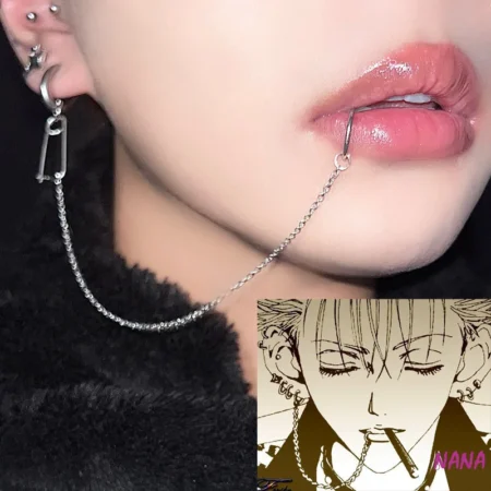 1PC Stainless Steel Chain Linked Earring Hinged Lip Ring Fake Piercing Lip Clip Anime Nana Style Punk Jewelry Body Piercing